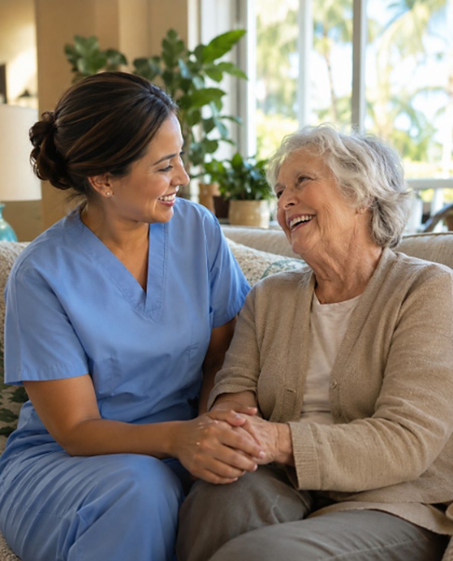 A caregiver laughing with an older woman at home
